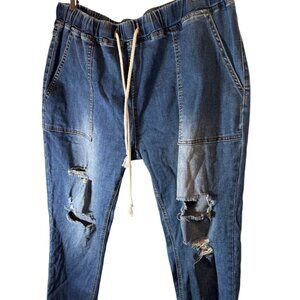 Jeans Womens 2XL Blue Denim Pull On Elastic Waist with Drawstring Pockets
